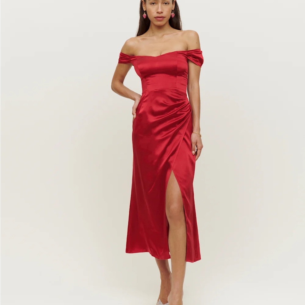 Reformation Red Silk Off-Shoulder Dress